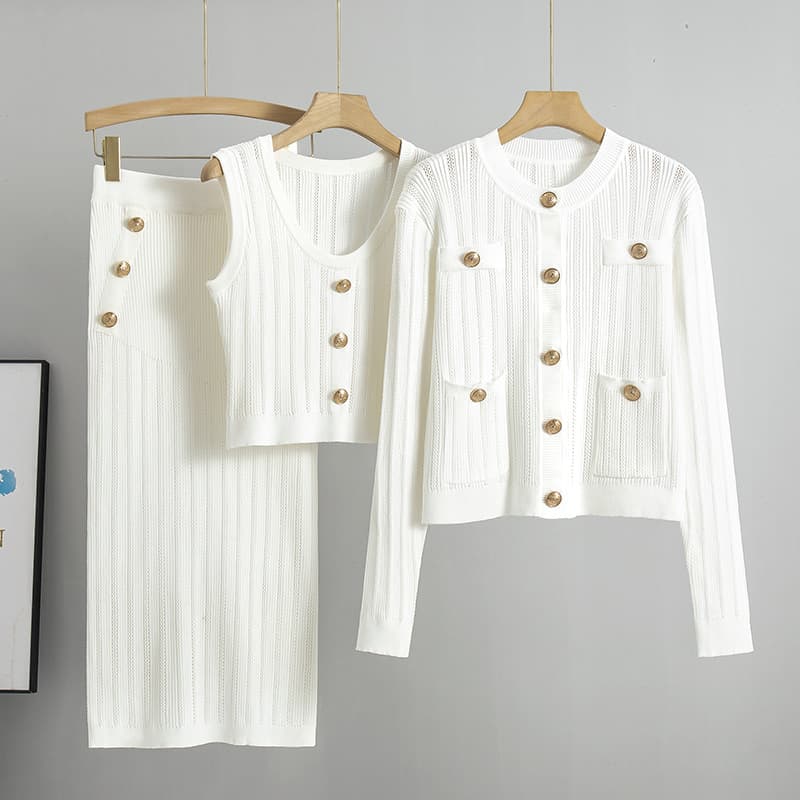Women's knitted suit cardigan sweater + vest + knitted skirt three-piece set