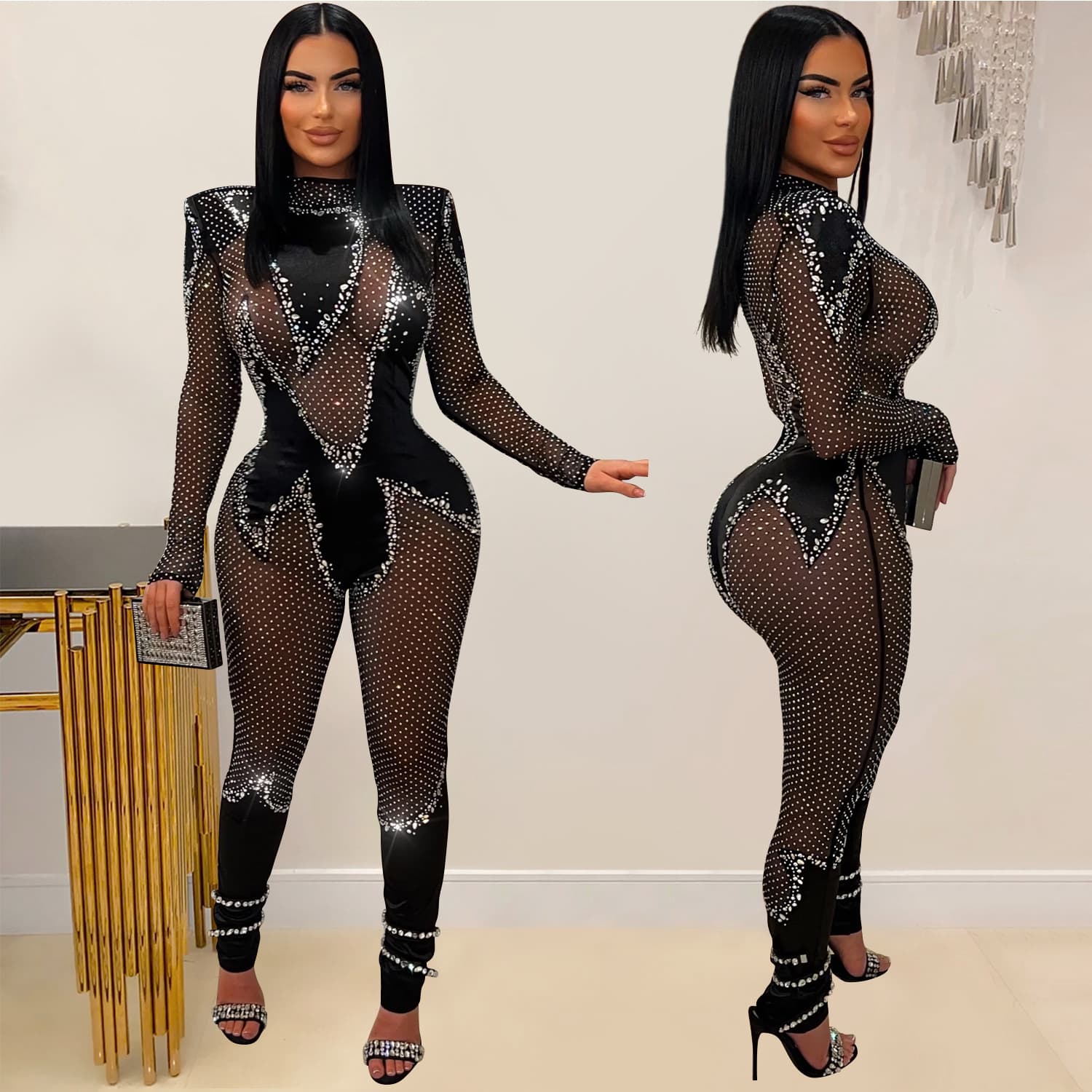 Women's Clothing Fashion Solid Color Mesh Hot Diamond Long Sleeved Trousers Jumpsuit