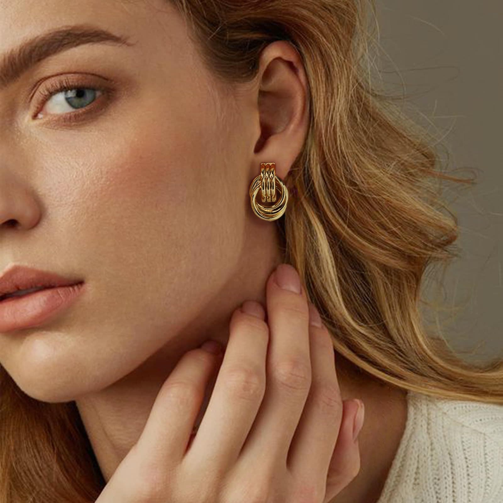 Heavy gold ladies earrings real gold electroplated knot multi layer geometric dangling earrings
