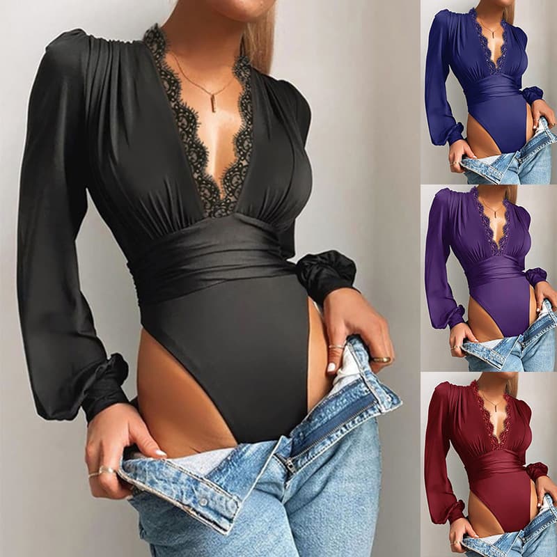 Women's Clothing Solid Color Deep V-neck Lace Slim Jumpsuit Female