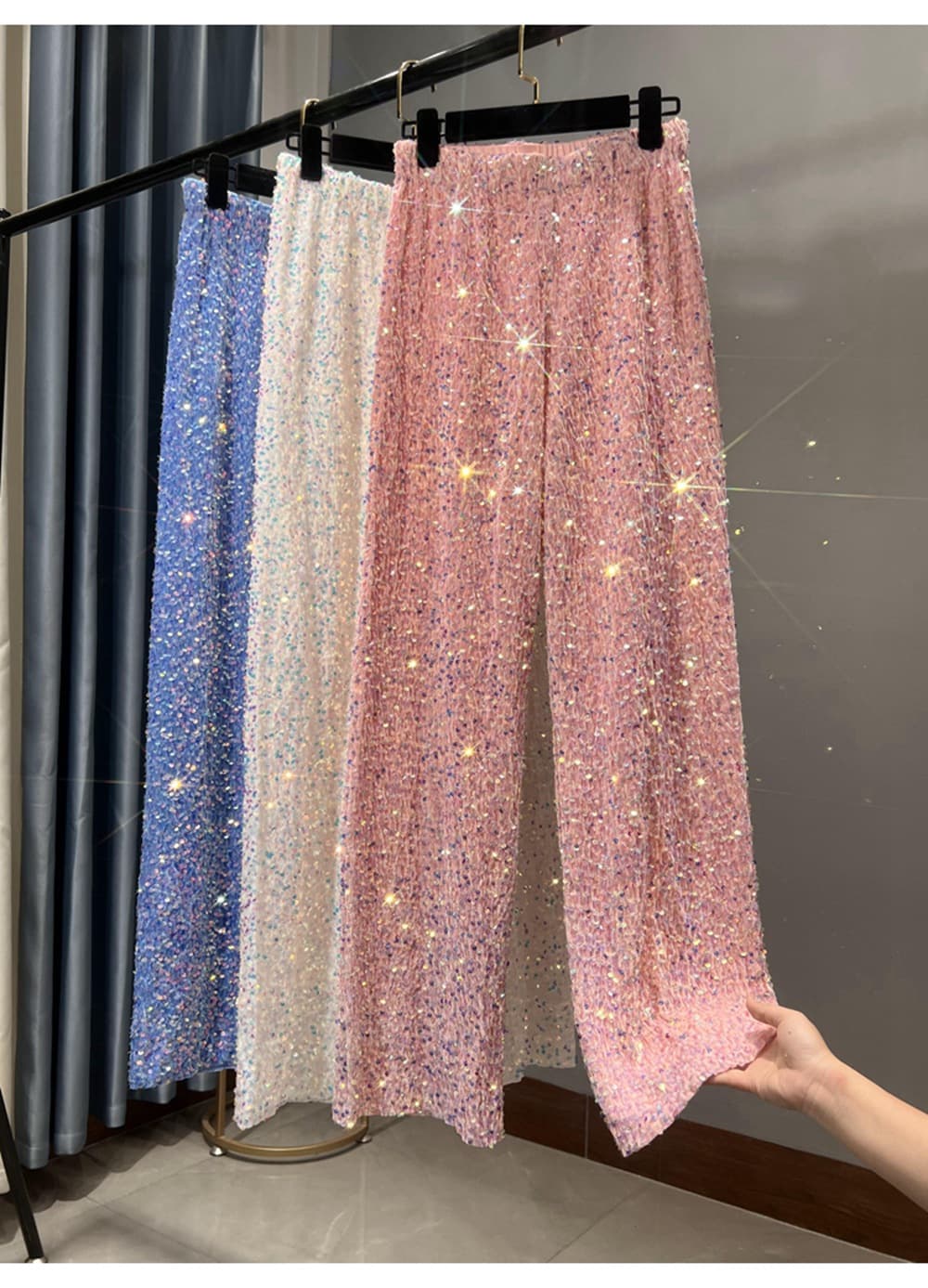Women's Clothing new velvet sequined wide leg pants, lengthened drape, slim fitting floor length pants, shiny casual straight pants for women