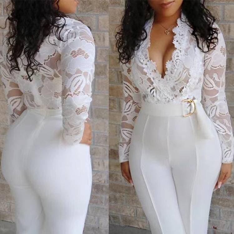 Women's Clothing new sexy deep v perspective lace splicing jumpsuit trousers women with belt