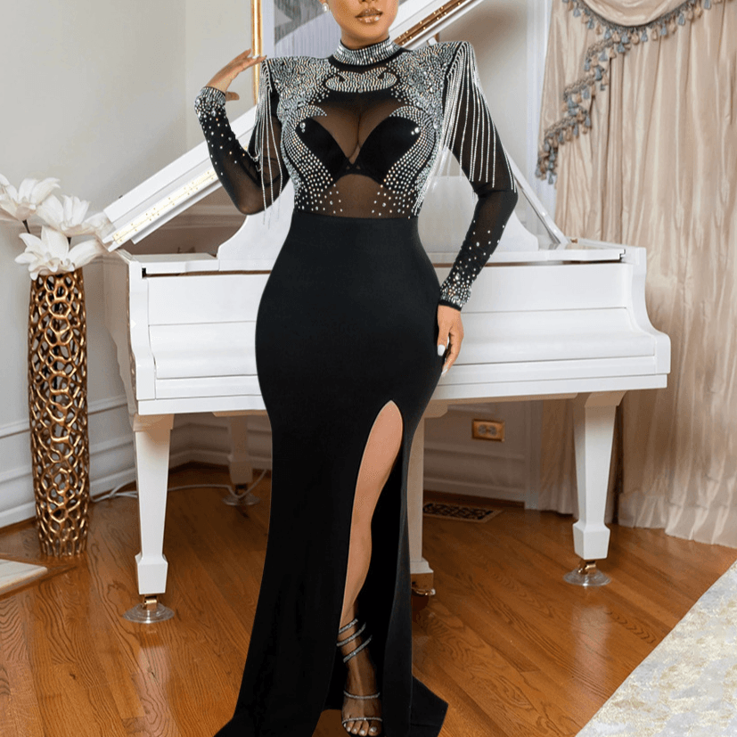 Women's Clothing CY901548 women's clothing new sexy perspective mesh hot diamond slim slit dress