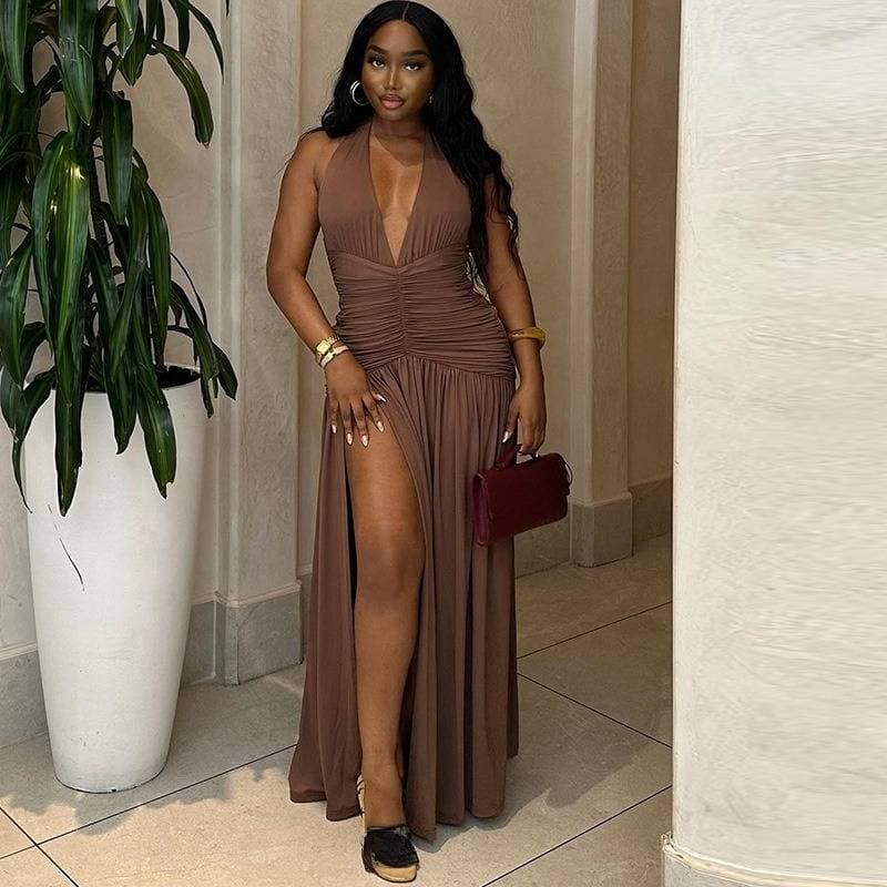 Women's Clothing Women's Solid Color Dress Sexy Sleeveless Deep V Neck Slit Temperament Leisure Waist Skirt
