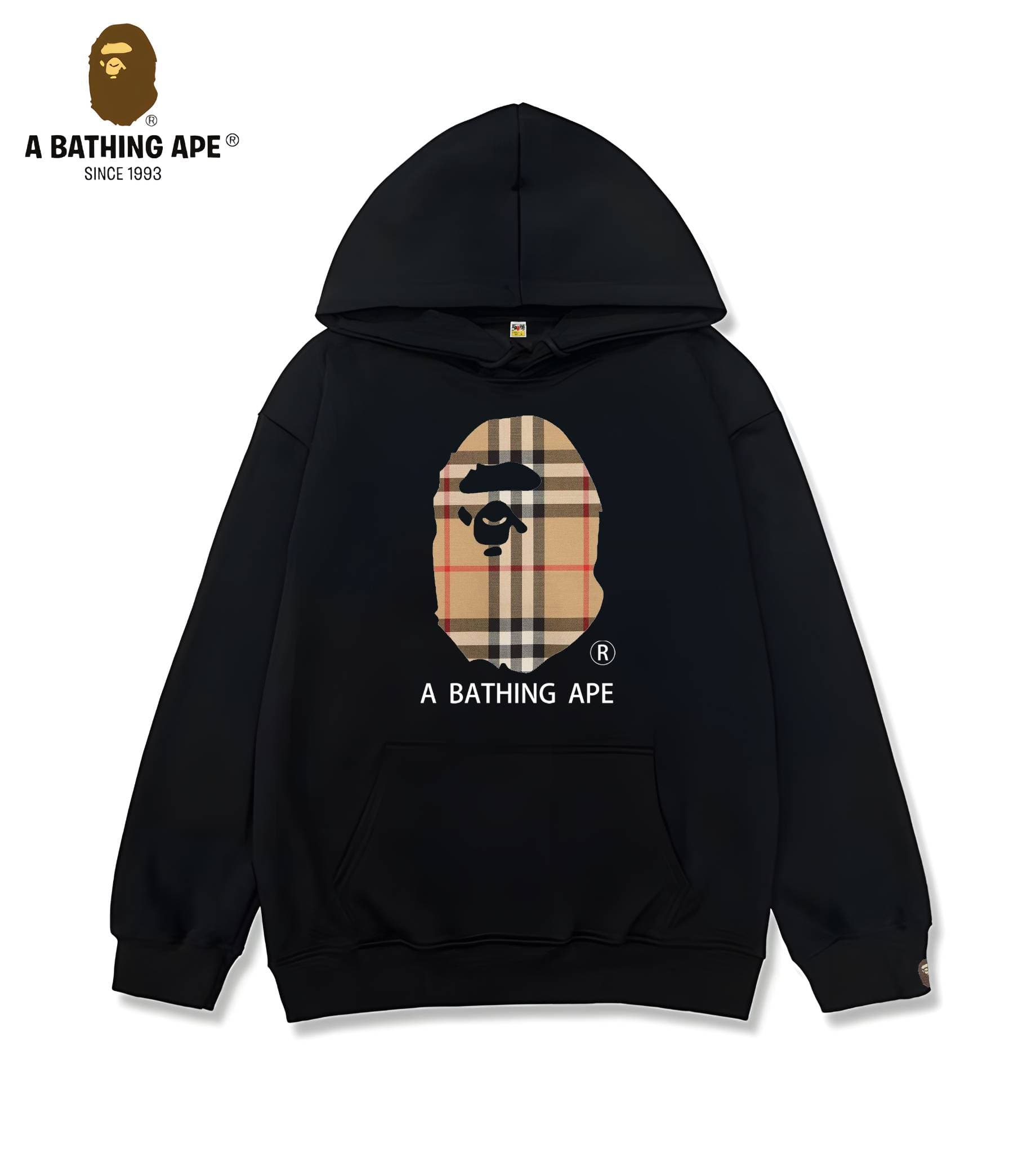 Sweat à capuche unisexe imprimé tête de singe à rayures et logo imprimé, collaboration BAPE-BAPE&BURBERRY