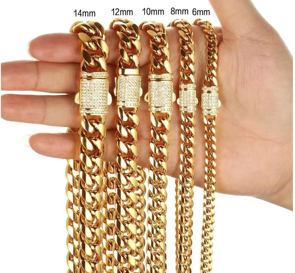 Men Cuban Punk Hip Hop 316L Stainless Steel 18K Gold Plated Miami Bling Crystal Diamond Link 16"-30" Chain Necklaces Box Clasp Curb Long Chains