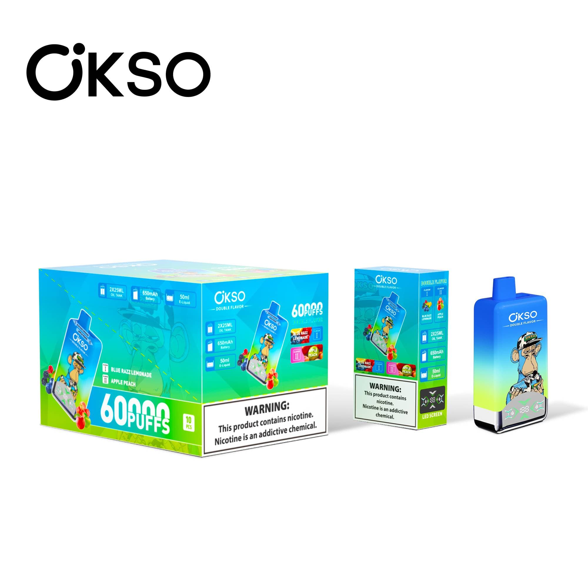 Batterie 650 mAh OKSO Double Saveur 60 000 bouffées 60 000 vape 10 résistances Mesh Double Saveur Écran LED Cigarette électronique jetable