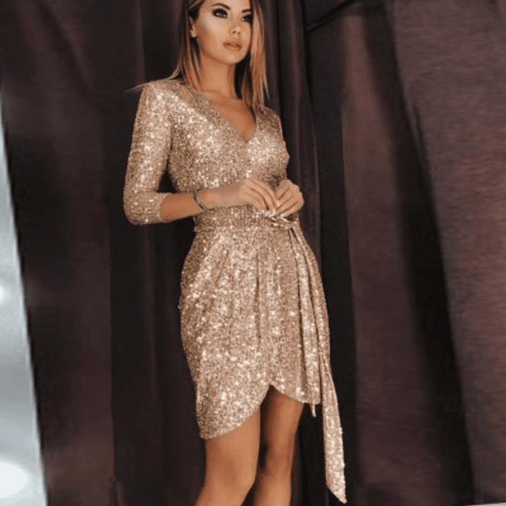 new cross border summer European and American foreign trade women's sexy three quarter sleeve sequined V neck tie dress dress