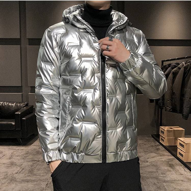 Men's Clothing Men's Slim Fit Shiny Quilted Jacket With Hood - Lightweight Stand Collar Zip Up Coat For Casual Winter Wear (Black, Silver, Gold)