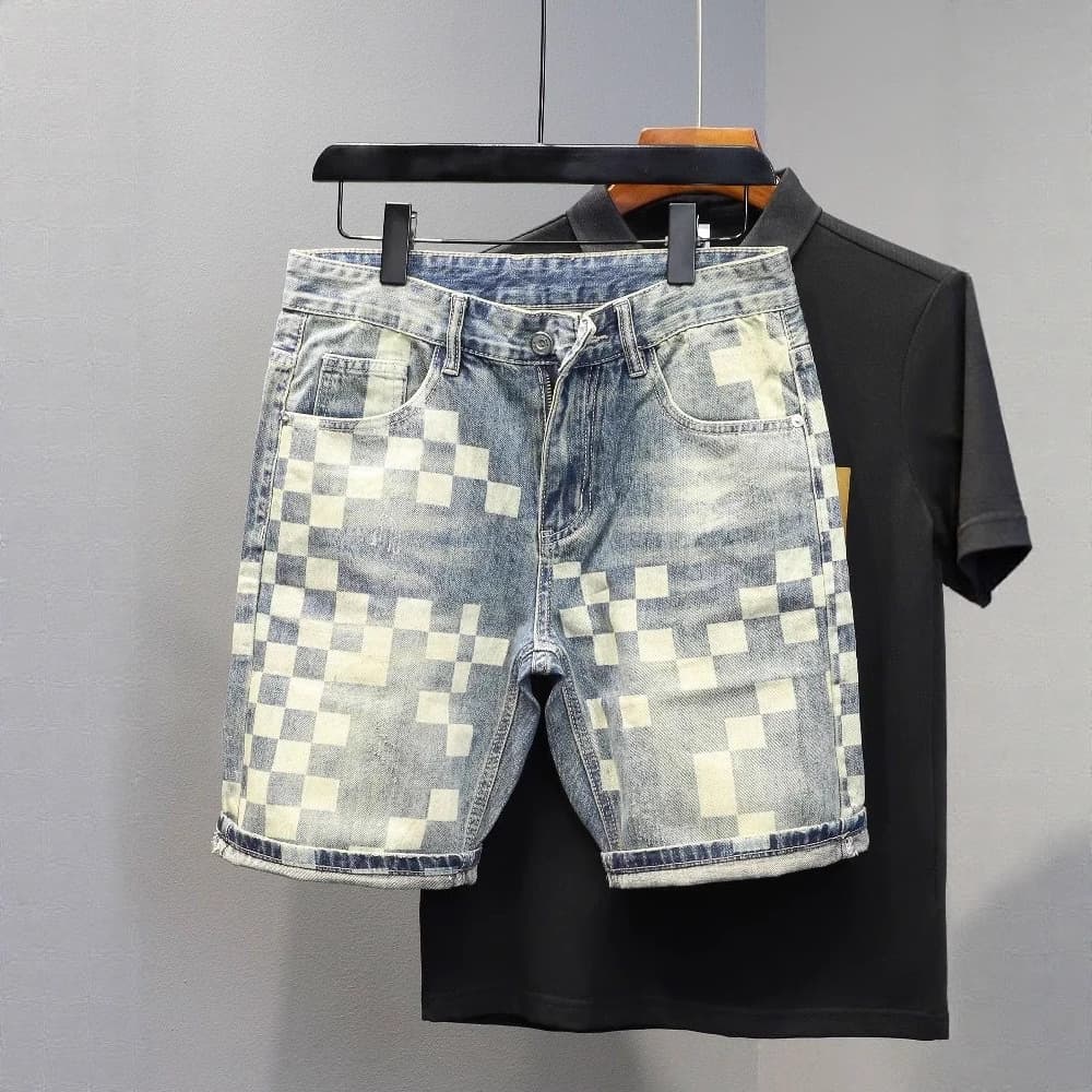 Men's Clothing Denim Shorts Thin Trendy Personality All Match Slim Breeches Printed Handsome Shorts