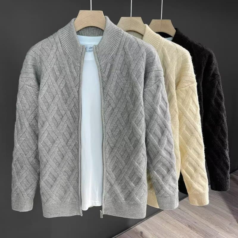 ​Men's Plus Size Zip-Up Knit Cardigan - Lightweight Breathable Pullover Jacket For Casual & Business Wear (Black, Grey, Beige)​