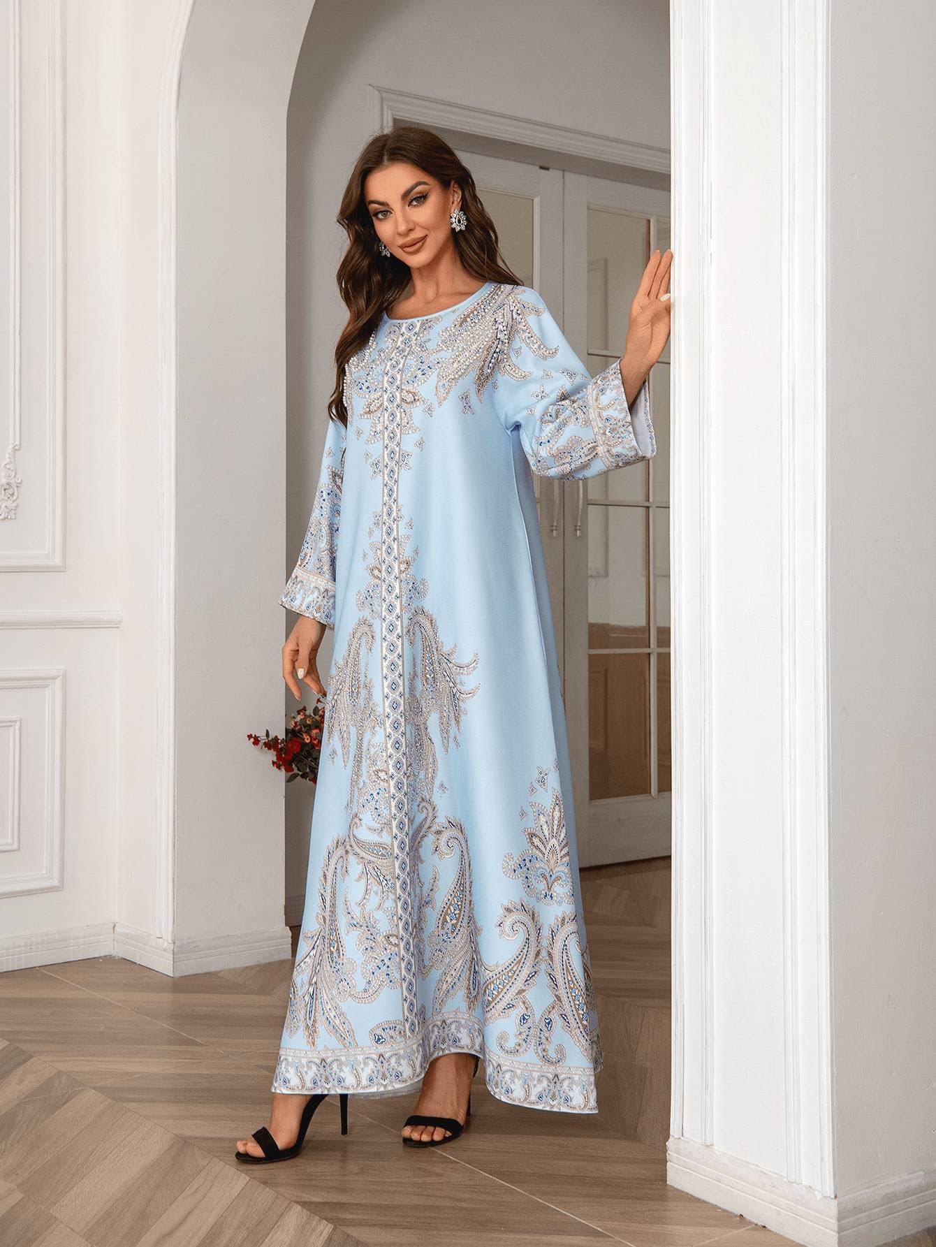 Women's Long Robe Fashion Print Beaded Rhinestone Dress, Elegant Evening Gown, Stylish Long Skirt, Perfect For Special Occasions