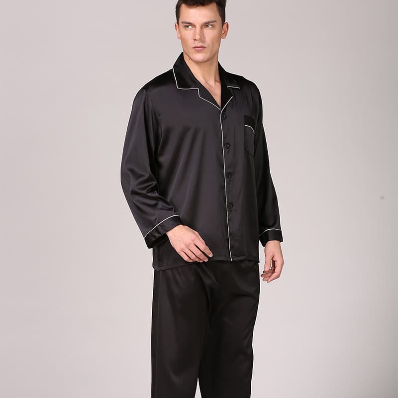 Men's clothing black silk ice silk pajamas men's summer long-sleeved solid color suit summer large size men's home clothes