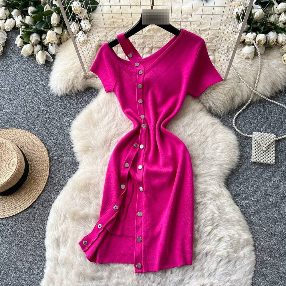 Korean Style Women's Sexy V Neck Dress Short Sleeve Metal Buckle Knit Summer Off Shoulder Slimming Elegant Bodycon Skirt