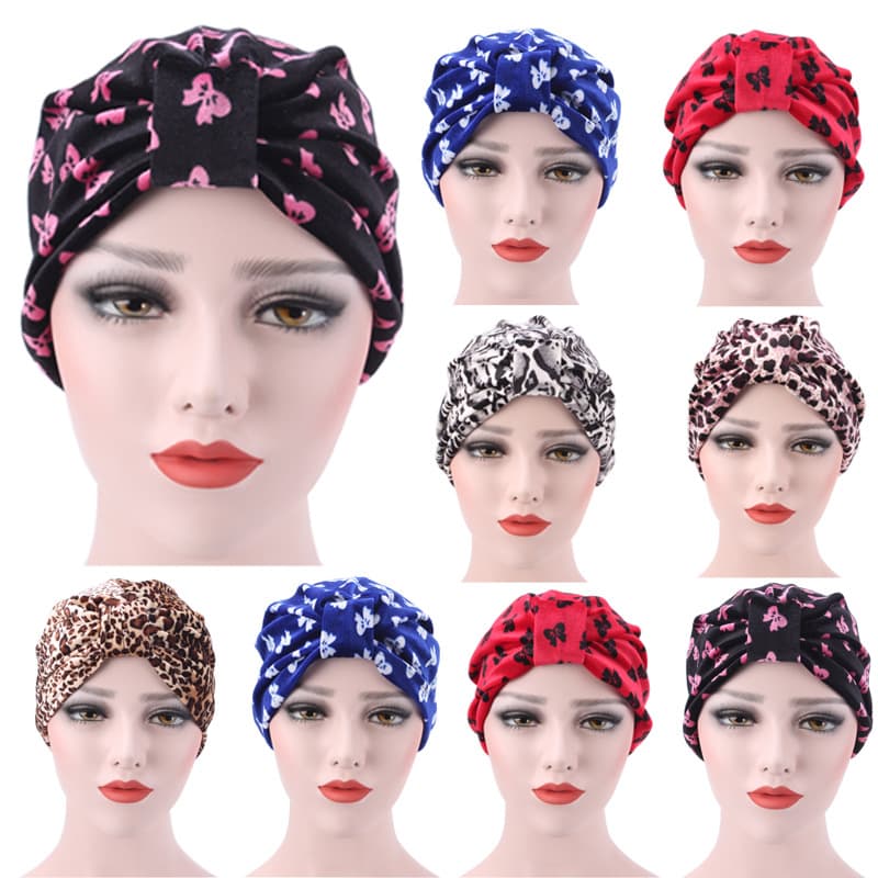 Adjustable Cotton Muslim Headscarf With Leopard Print - Stylish Winter Scarf For Women, Butterfly Pattern In Red/Blue