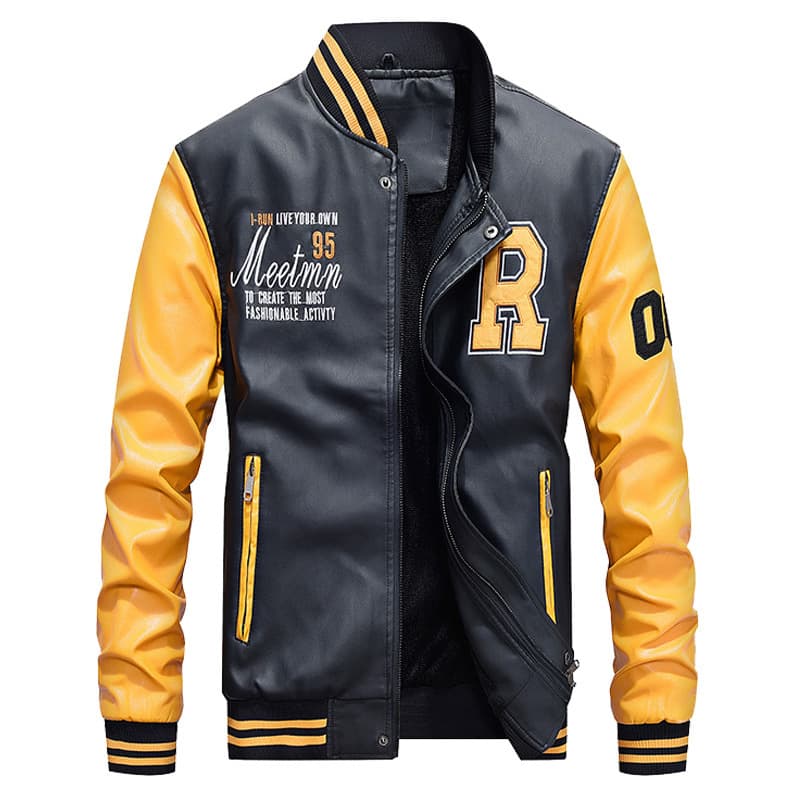 Men's Clothing Leather Baseball Jacket PU Casual Jacket Light Board