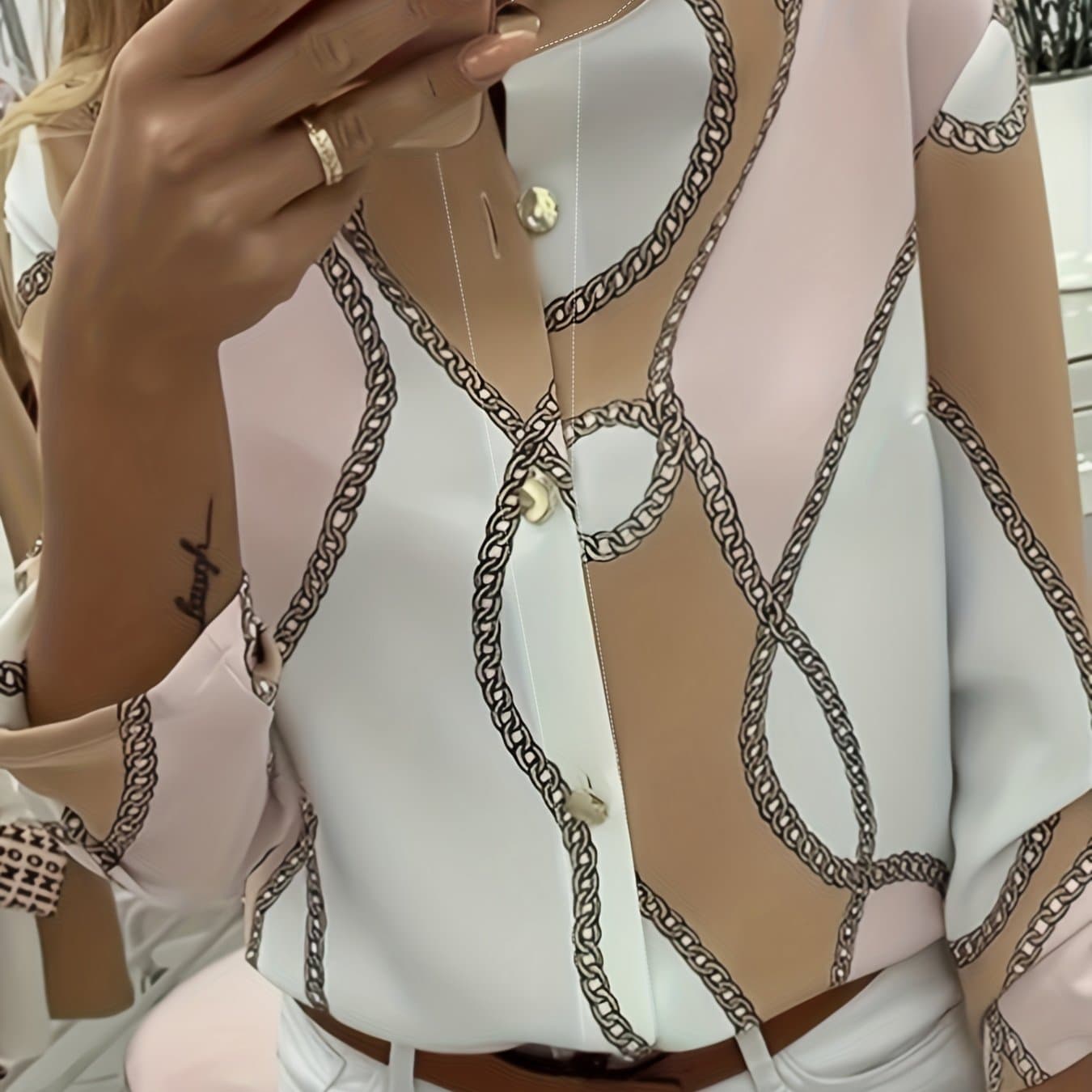 Chain Print Button Front Blouse, Casual Rollable Sleeve Stand Collar Blouse