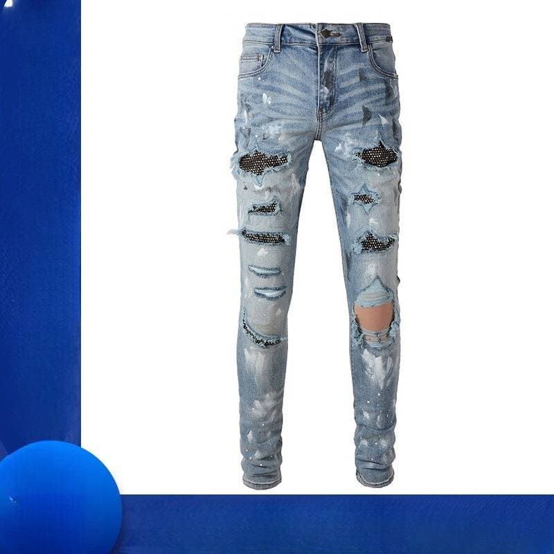 Men's Clothing Men's Trousers Trendy Brand Boys' Ripped Diamond Jeans Men's High Street Graffiti Retro Elastic Slim Fit Skinny Pants
