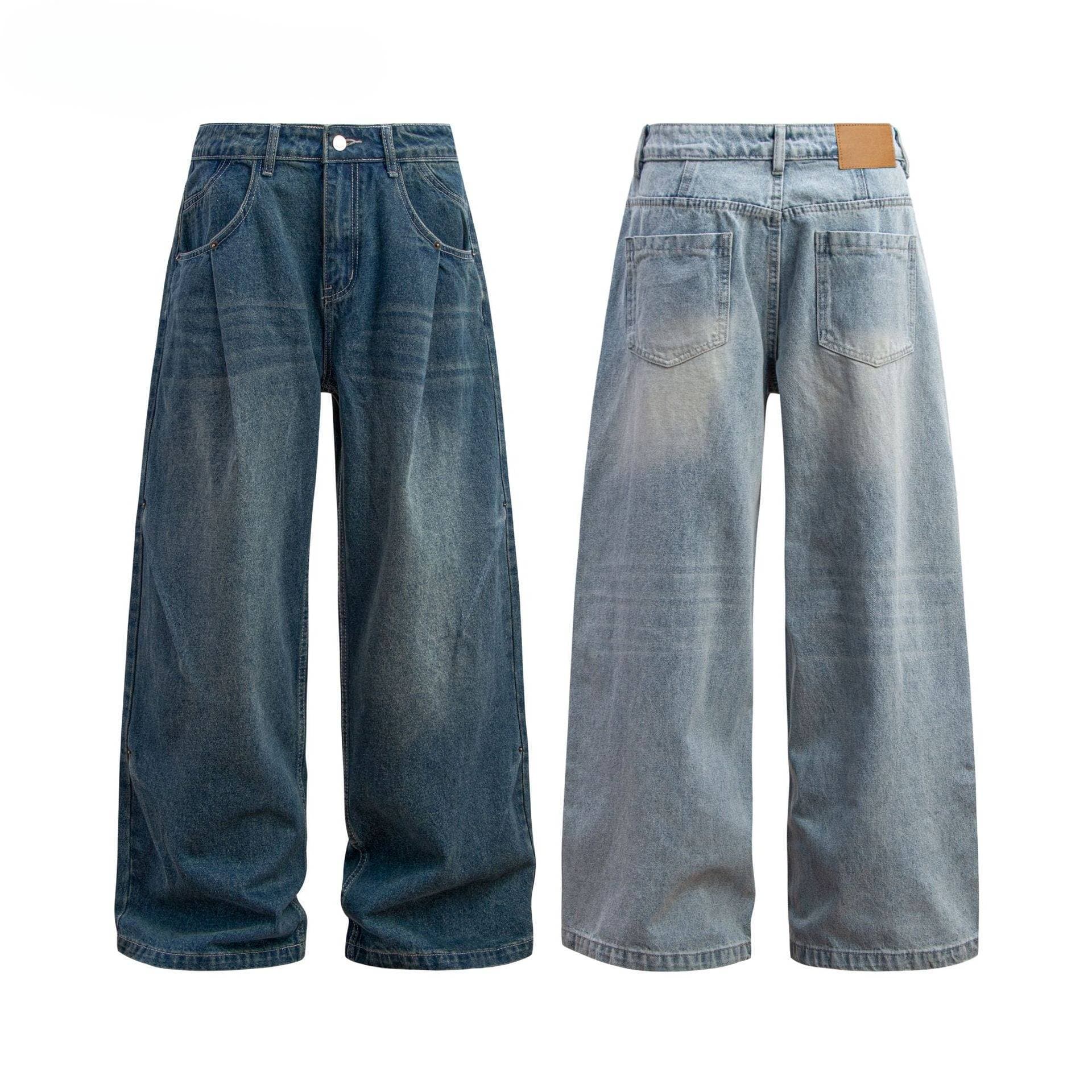 Men's Clothing Retro Washed Old Double Pleated Jeans Trendy Loose Baggy Wide Leg Mopping Casual Trousers