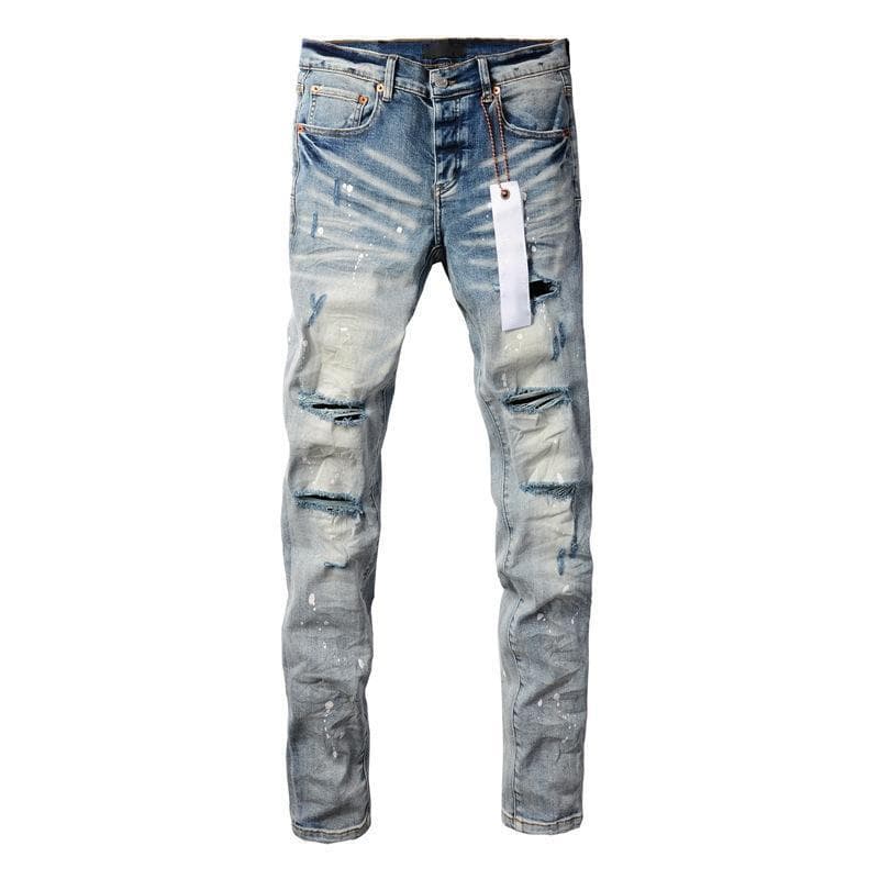Men's Clothing Casual Custom Silk Label Denim High Quality Breathable Fitting Ripped Streets Styles Purple Jeans Ripped Men's Blue