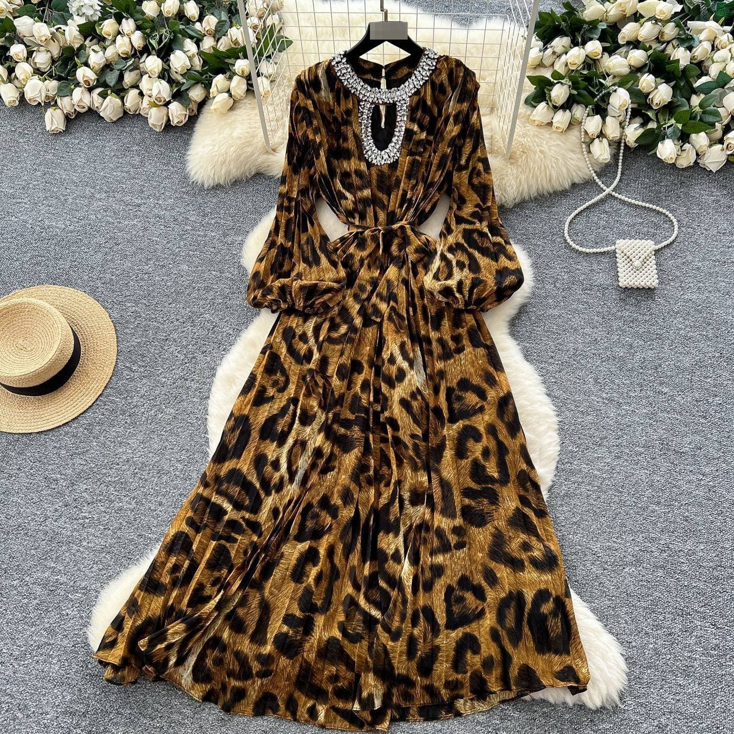 Light Luxury European And American Leopard Print Puff Sleeve Dress For Women Summer Belt Slimming Diamond Design Hot Girl Long Skirt