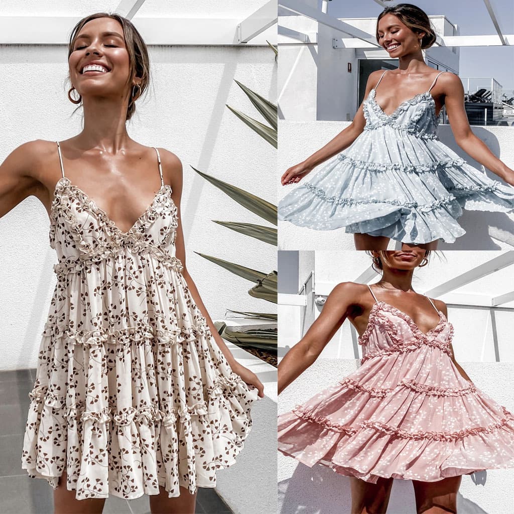 Women Small fresh and sweet digital printed camisole lace dress