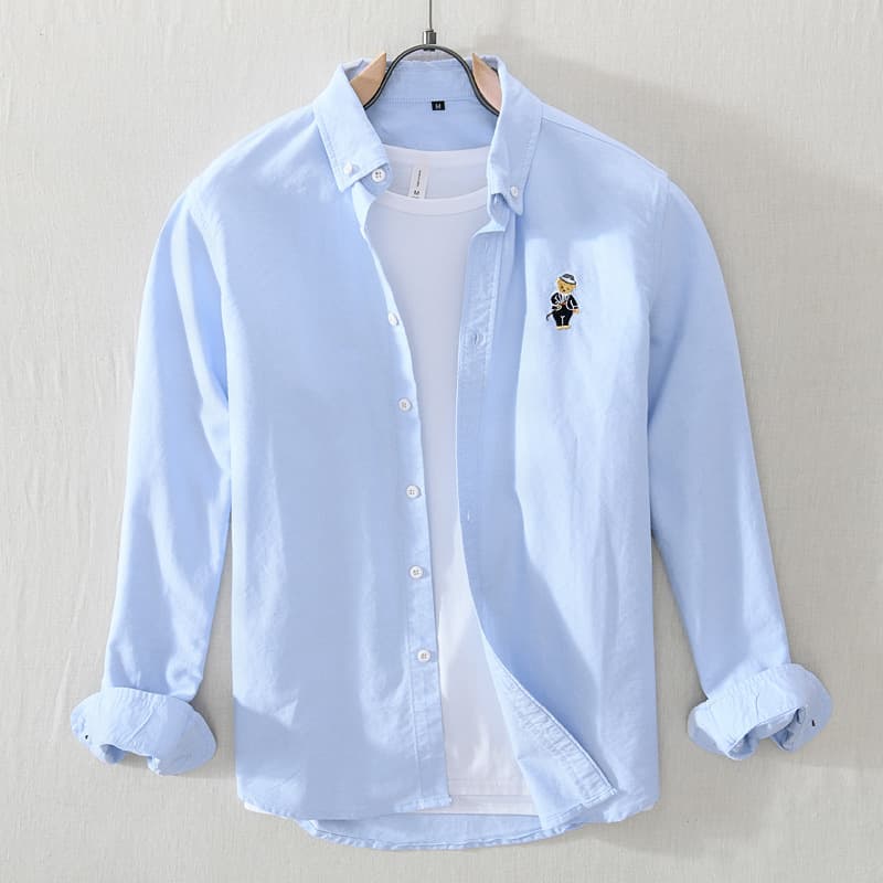New Men's Casual Long Sleeved Bear Embroidered Square Collar Oxford Spun Pure Cotton Shirt