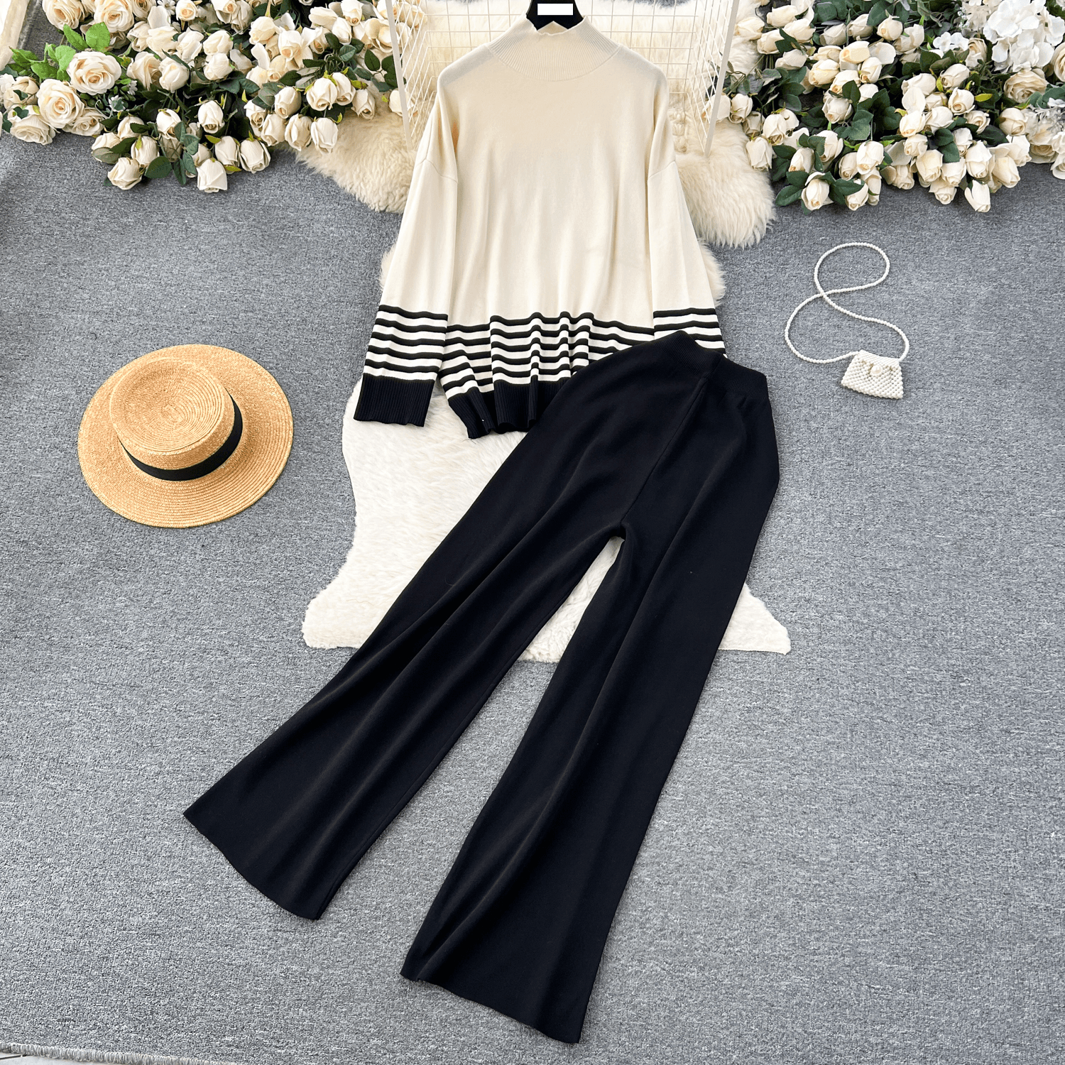 Women's Clothing lazy style loose contrast striped long sleeved knitted tops for women high waist drape trousers women's casual two piece suit