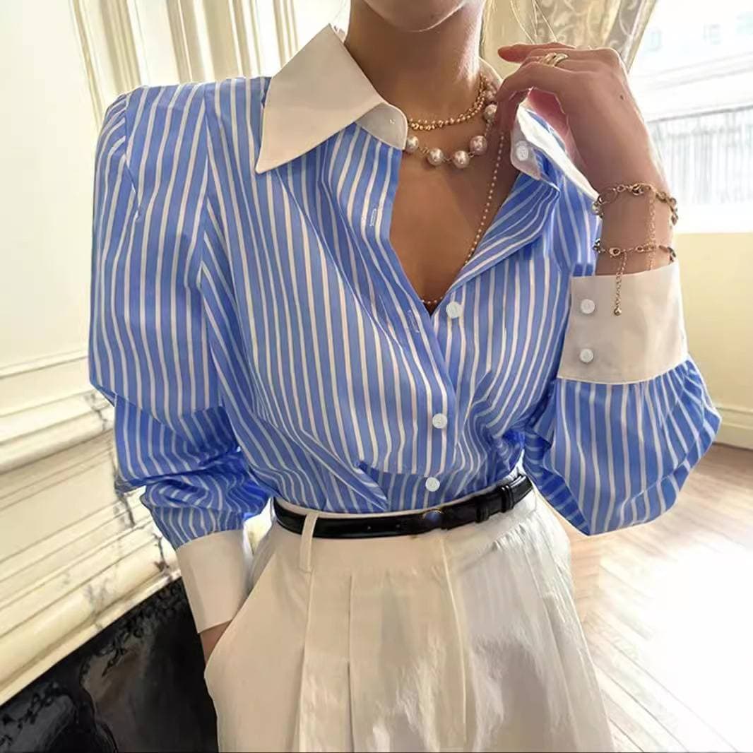 Women's Clothing Striped Patchwork Shirt Loose Casual Lapel Outerwear Shirt