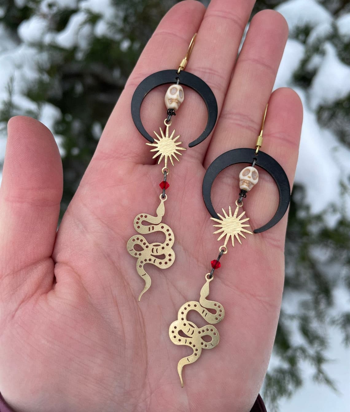 Skull gold Gothic Black Moon earrings Hook earrings