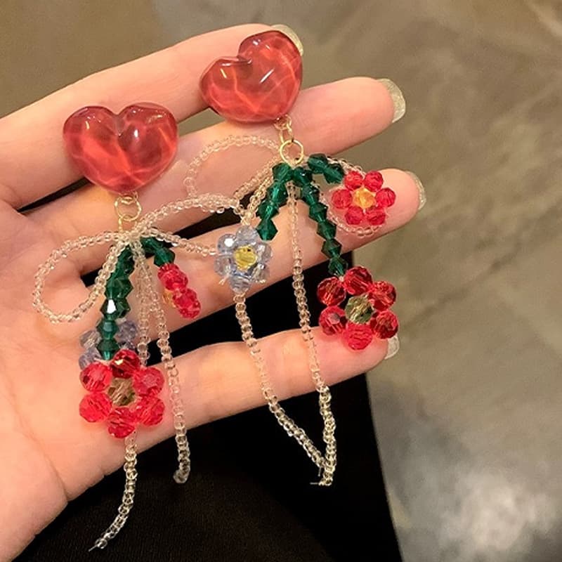 Unisex Red Flower Beaded Earrings New Hot Style Crystal Love Internet Celebrity Unique Bow New Year Earrings For Women
