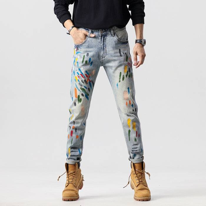 Men's printed ripped stretch slim jeans men's pants