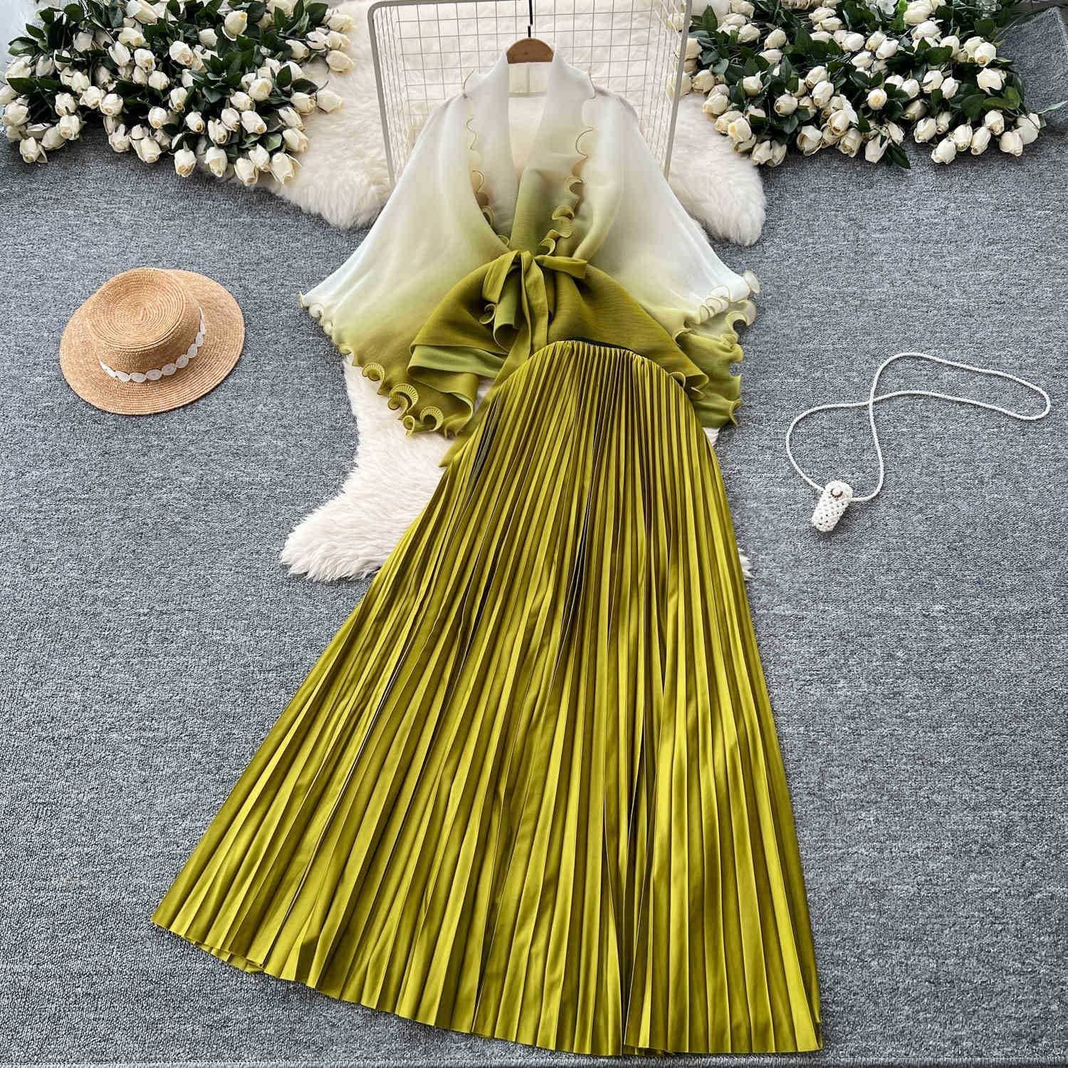 Women's Clothing Pleated Suit For Women With Waist Hugging Straps And Gradient Color Pleated Cardigan Tops, High Waist Pleated Skirt, Two Piece Suit