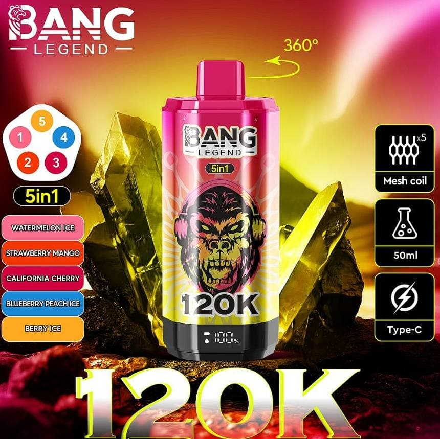 1 cigarette électronique jetable Bang Legend 120 000 bouffées, résistance Mesh 120k, affichage LED, 5 saveurs en 1 réglables, 2 % de nicotine
