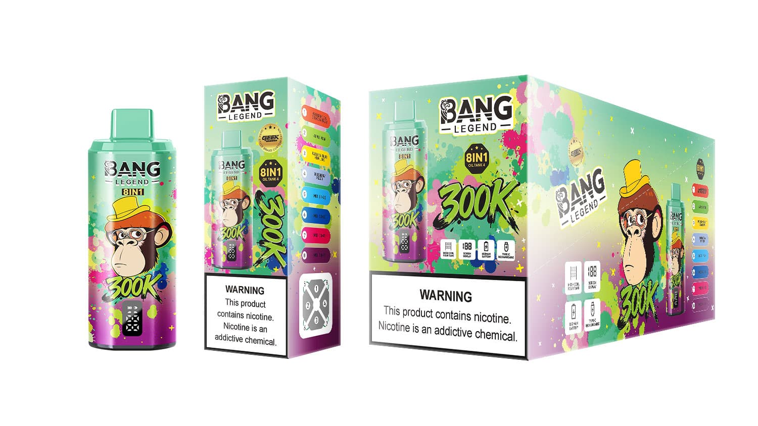 Bang Legend 300K 8 en 1 Vape jetable à huile de chicha, réservoir, 4 grands écrans numériques de comptage des bouffées, charge rapide USB-C, bat