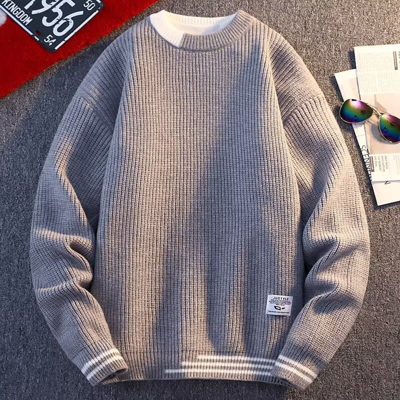 Youth spliced sweater men's new round neck trendy youth warm loose top knitted sweater pullover