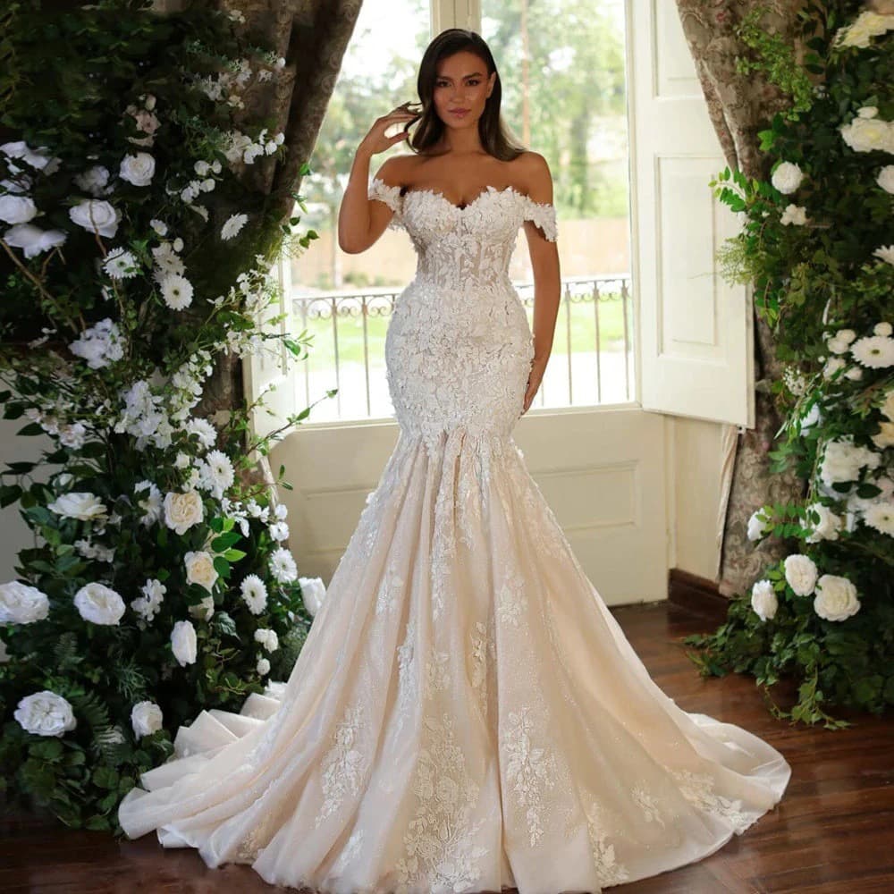 Women's Clothing Off The Shoulder French Mermaid Style Wedding Dress Elegant Slimming High End Lace For Women New Style