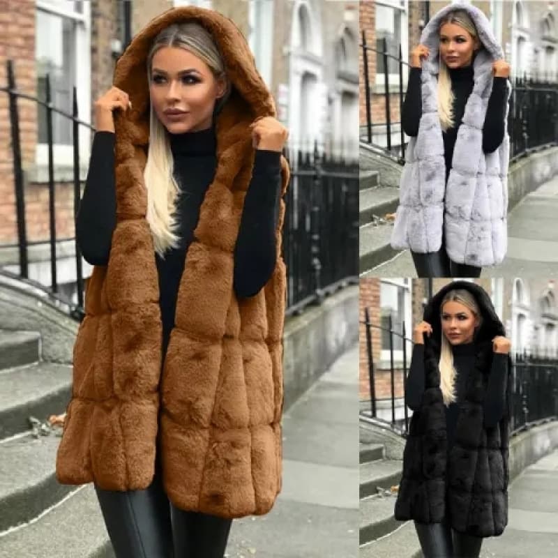 ​​Women's Faux Fur Hooded Vest Coat - Lightweight Winter Jacket For Streetwear Fashion (Grey, Black, Dark Brown, S-2XL)​​