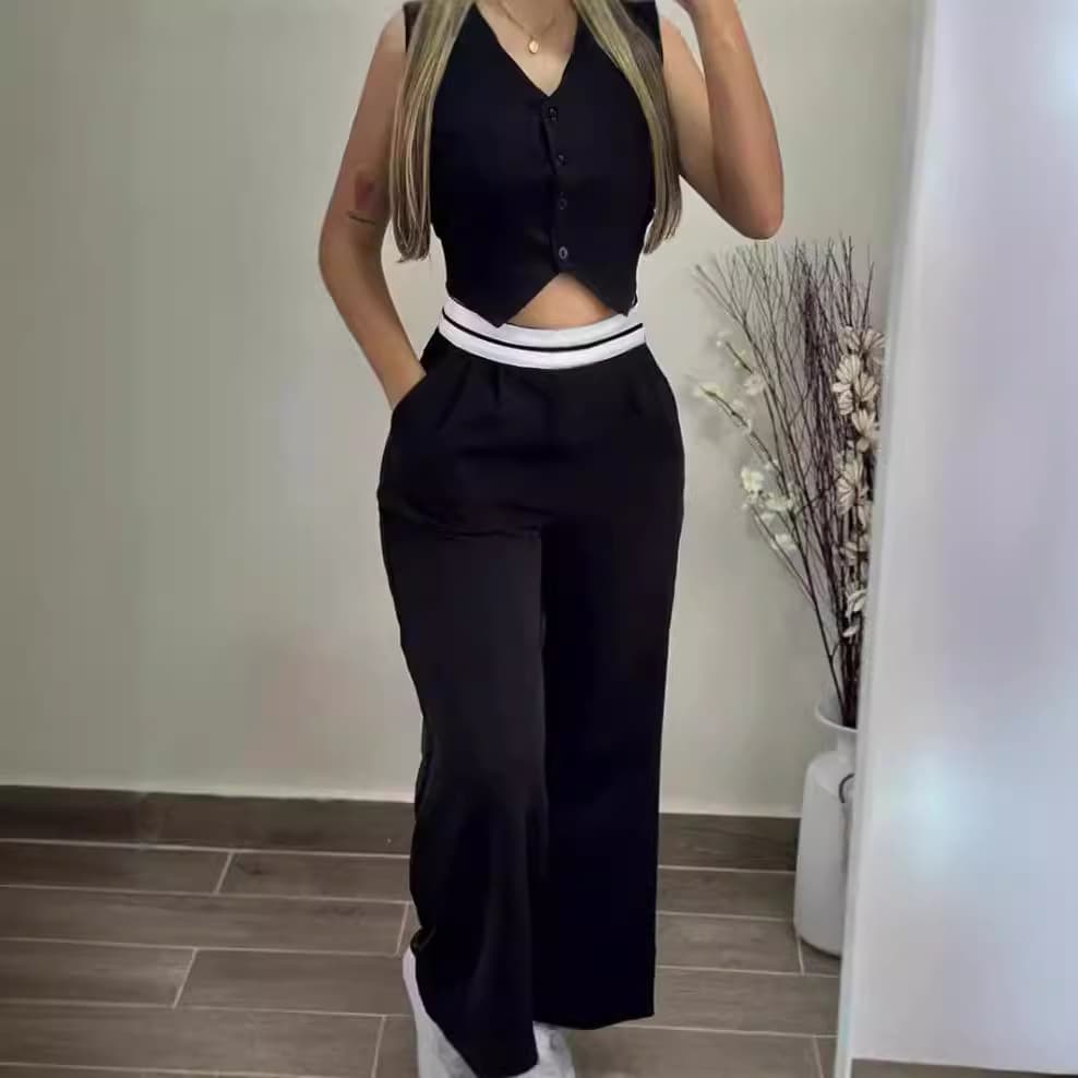 Women's Clothing Hot Girl Outerwear Vest Contrast Color High Waist Wide Leg Trousers Casual Suit