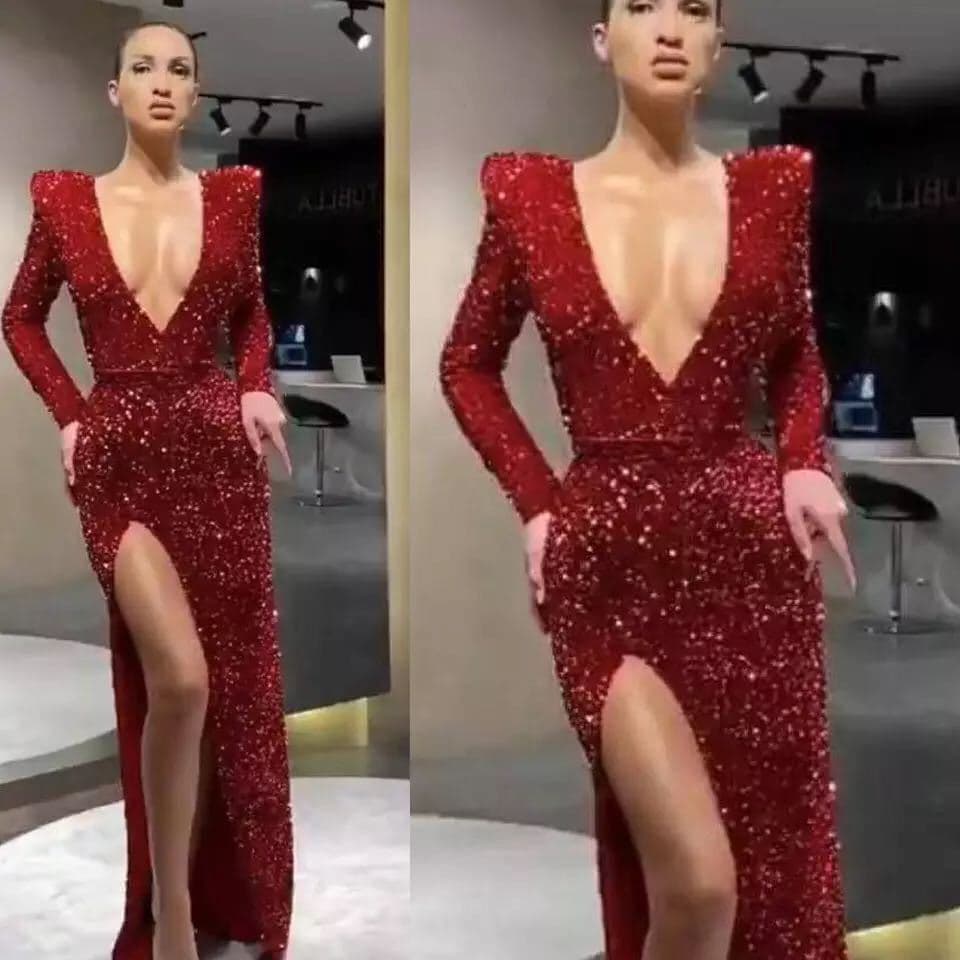 Women's fashion sexy deep V long sleeve embroidered sequined dress slit dress