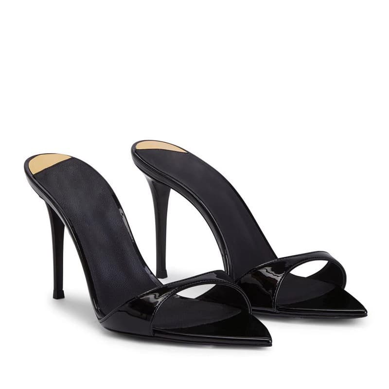 Open Pointed Toe High Heels 2025 New Women's Summer Stiletto One-Strap Patent Leather Sexy Black Outdoor Sandals