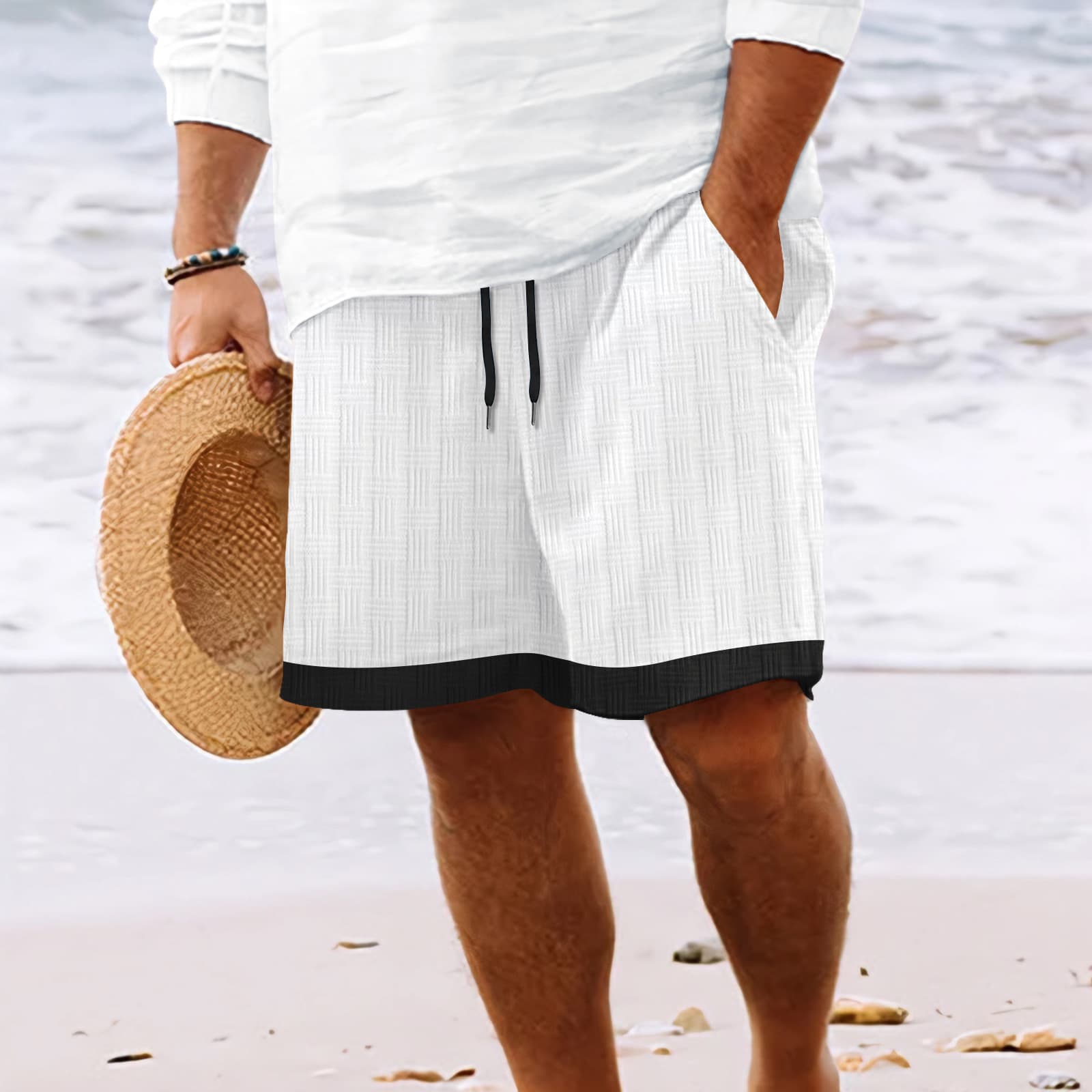 Men's Clothing Independent Station New Shorts With Multiple Pockets, Drawstring Jacquard Men's Beach Pants