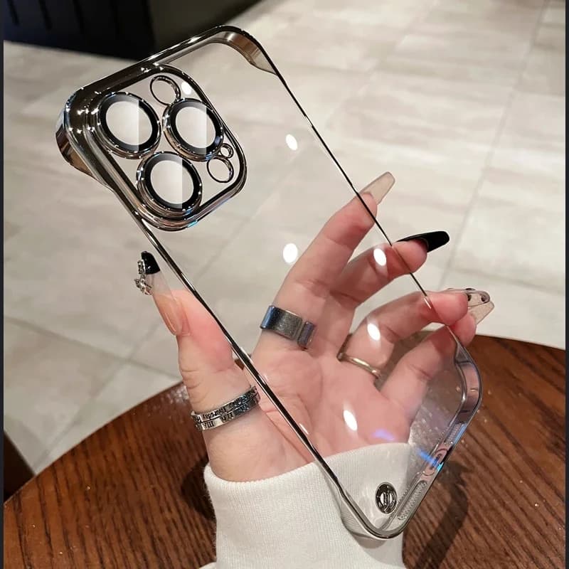 Slim Frameless Phone Case For iPhone 15 14 Plus 13 12 Pro Max Cama Lens Protection Plating Edge Clear Plastic Back