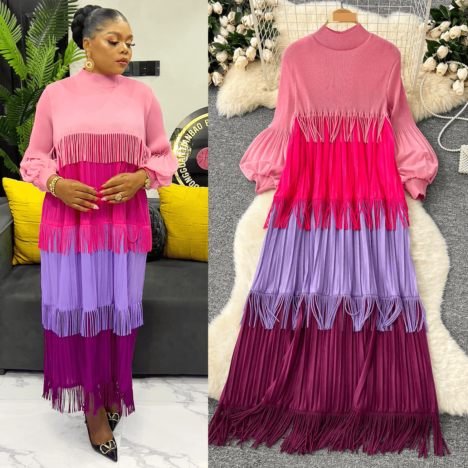 Women's Clothing Fashion Dress Lantern Sleeves Loose Slim Color Matching Tassel Long Dress