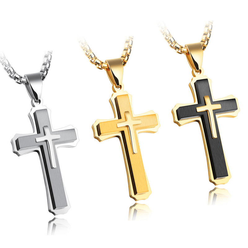 Men's Jewelry Retro Three Layer Cross Necklace Titanium Steel Domineering Necklace Boys Decoration Engraving Gift