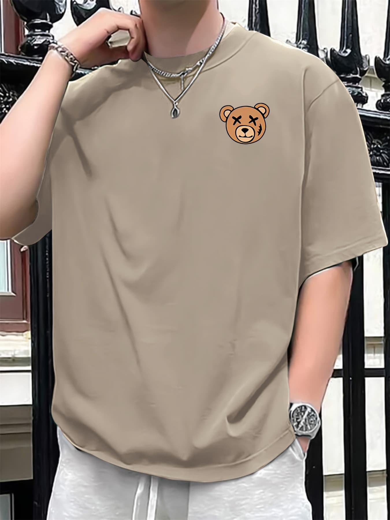 100% Pure Cotton Men's Summer Fashionable Short Sleeved Cartoon Bear Pattern Printed Casual Slim Fit Versatile Top