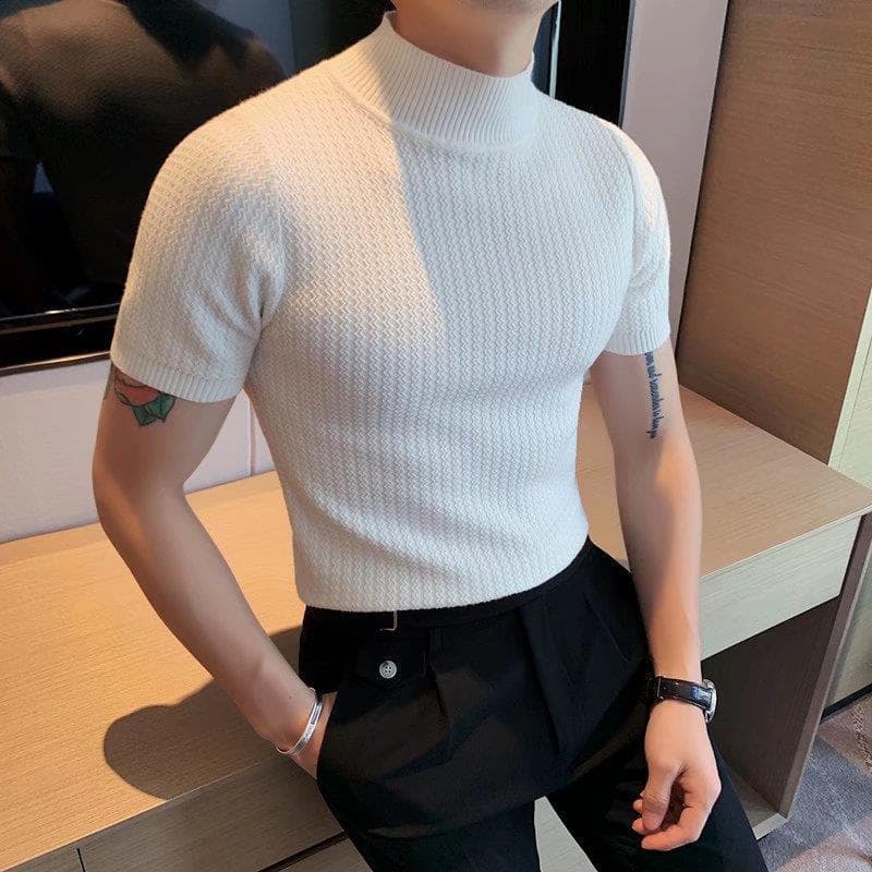2023 Spring/Summer Short Sleeve T-shirt Men's Elastic Half High Neck Knitted Bottom Shirt Youth Half Sleeve Casual T-shirt