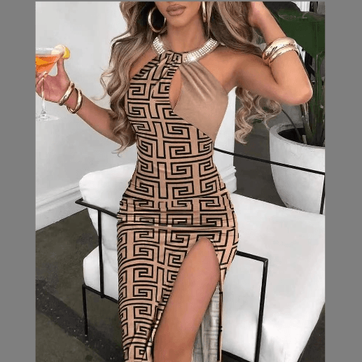 Women's dress temperament elegant fashion slim print slit long dress