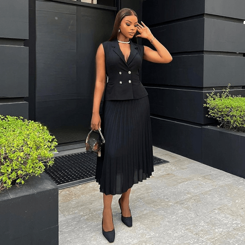 Women's Clothing Summer New Temperament Suit Collar Double Breasted Vest Top Pleated Skirt Suit