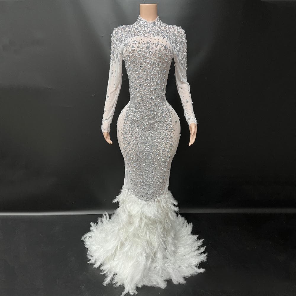 Handcrafted Royal Blue Crystal Feather Maxi Dress For Gala, Cocktail Party, Singers & Costume Events